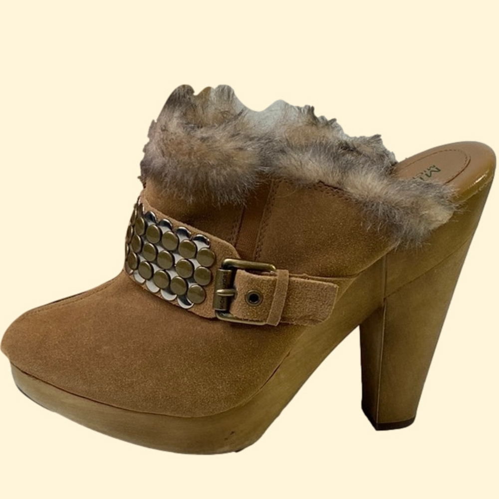 Clearance! Michael Kors‎ Tan Fur-Lined Studded Platform High Heel Mules Sz 9.5